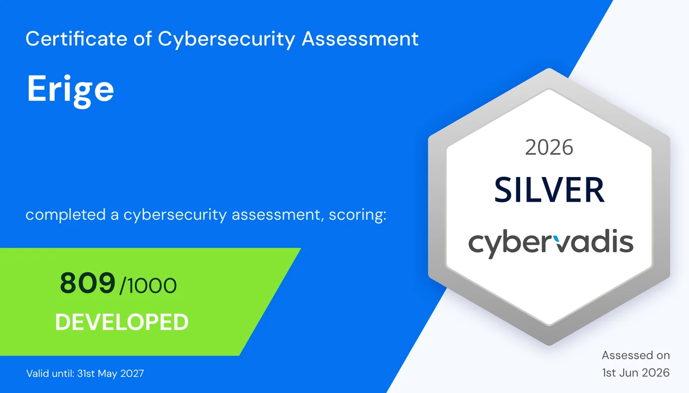 Certificat CyberVadis Silver 2026 ERIGE avec score 809 sur 1000