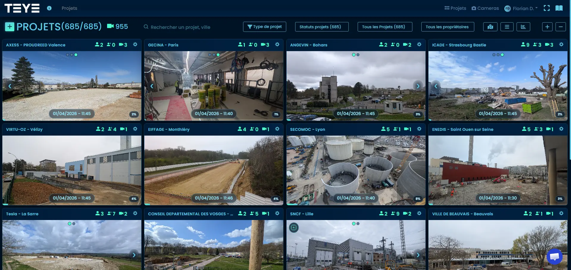 Live streaming chantier dans la plateforme TEYE