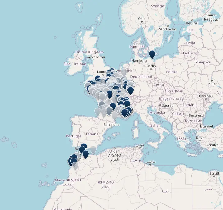 Carte des implantations et chantiers ERIGE en France, en Europe et au Maroc