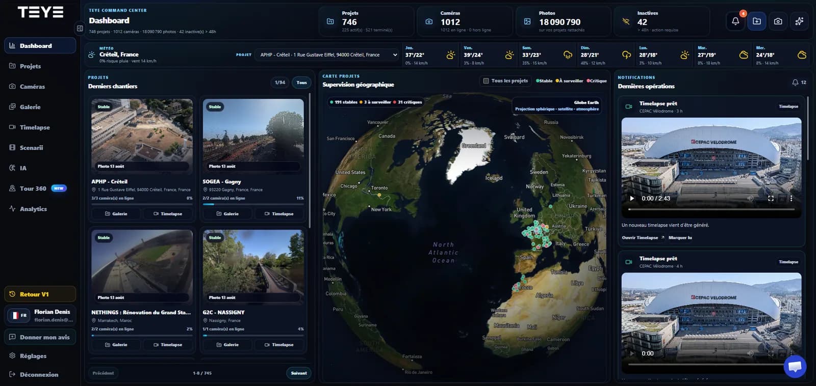 Dashboard TEYE avec indicateurs projets, parc caméras, météo, carte et notifications