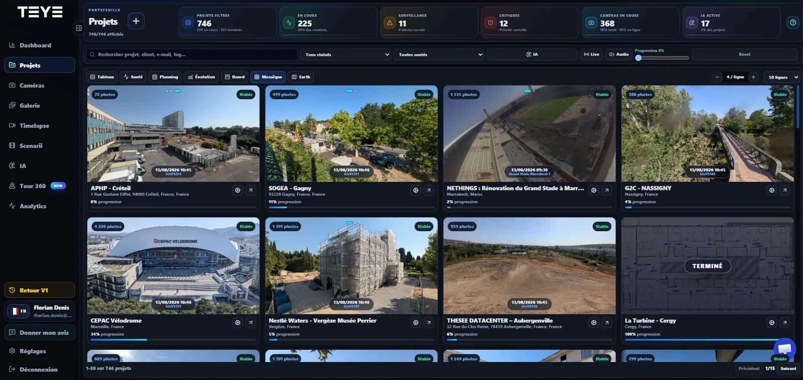 Portefeuille de projets TEYE avec cartes chantier, statuts, progression et vues multiples