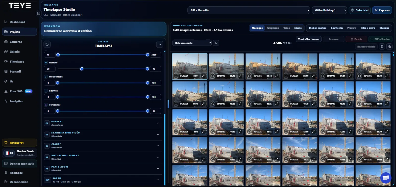 Timelapse Studio TEYE avec mosaïque d’images, filtres et outils de montage vidéo